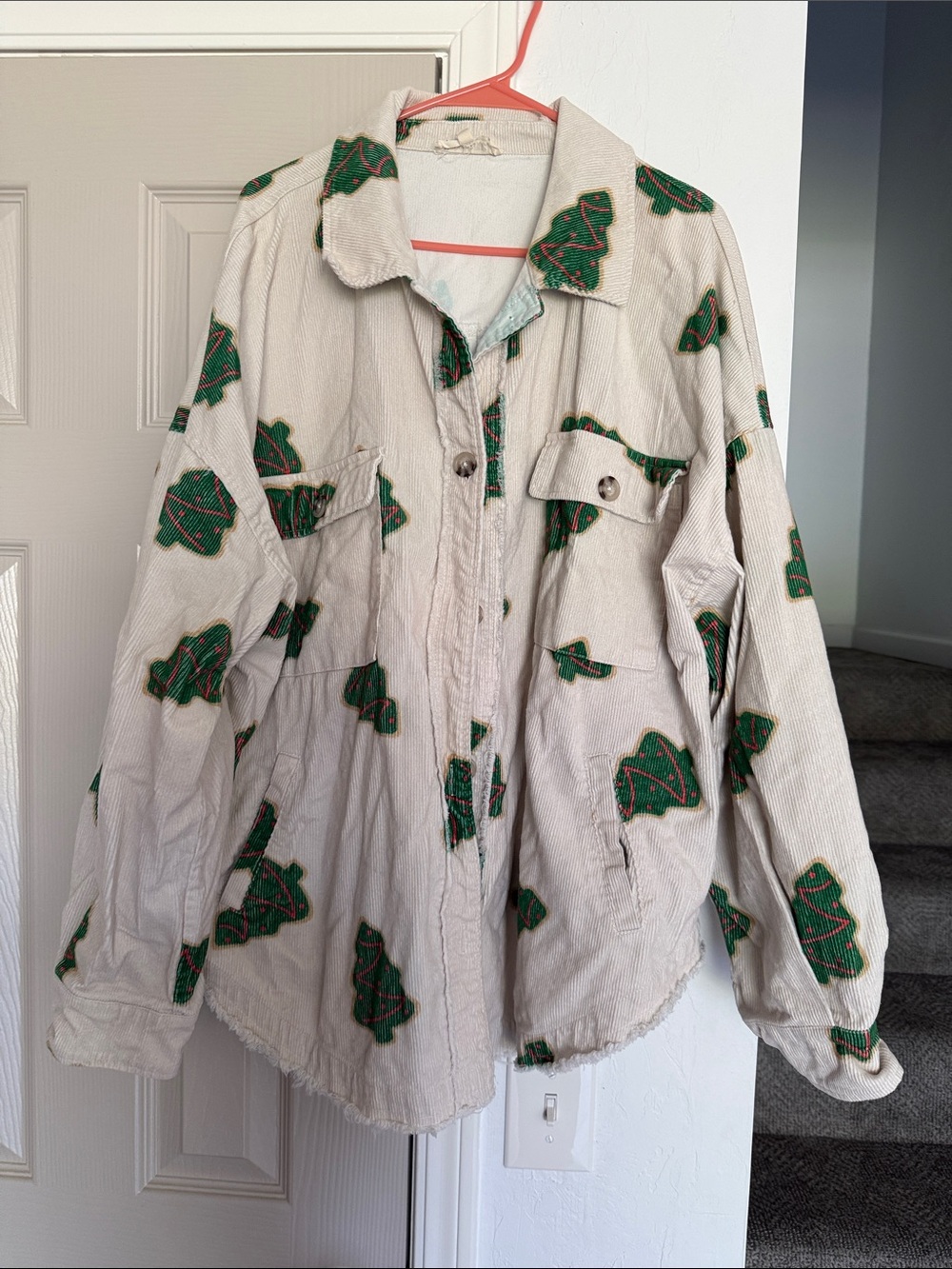 Peach Love California Cream Corduroy Utility Jacket with Green Tree Appliqués